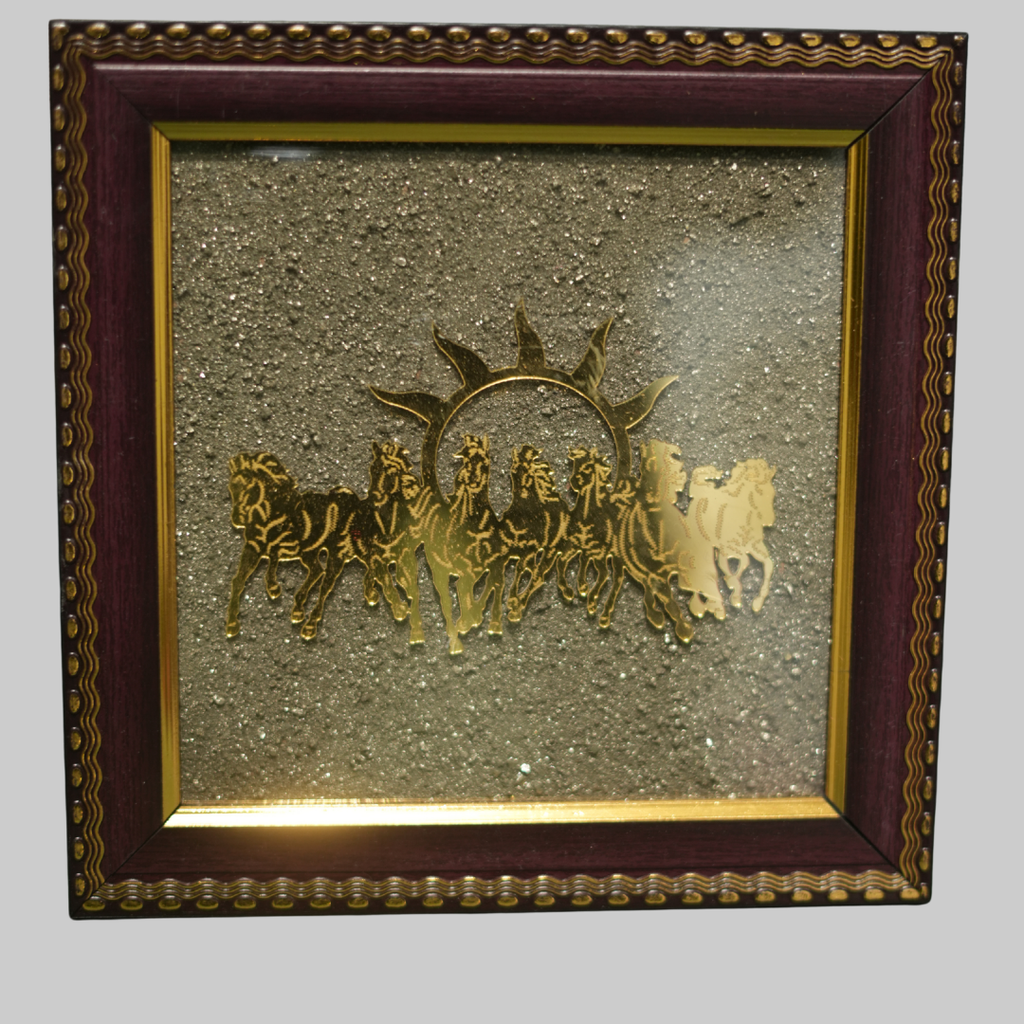 7 Running Horses with Rising Sun on Natural Pyrite Dust Wooden Frame