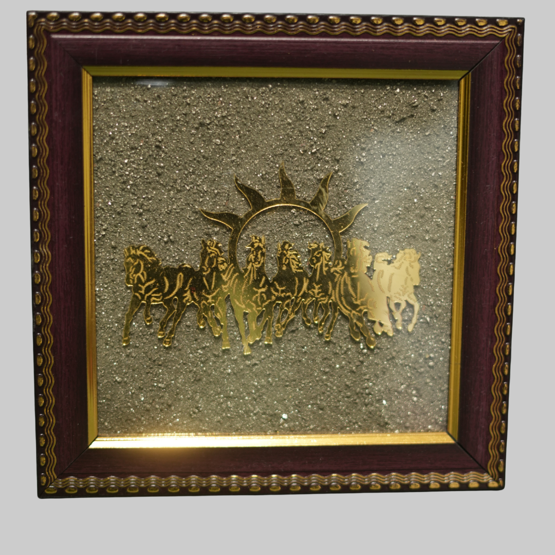7 Running Horses with Rising Sun on Natural Pyrite Dust Wooden Frame