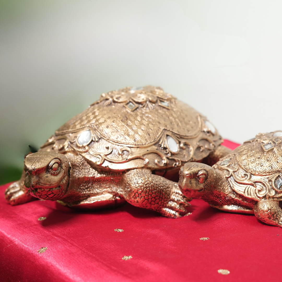 Antique Gold Finish Gem-Studded Metal Tortoise Pair