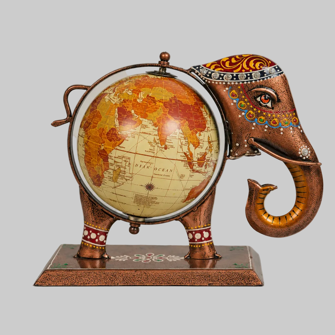 Artistic Elephant World Globe – Traditional Ethnic Showpiece for Study & Office Decor