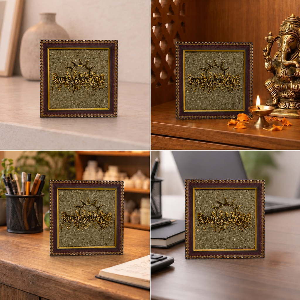 Best place for 7 Running Horses with Rising Sun on Natural Pyrite Dust Wooden Frame