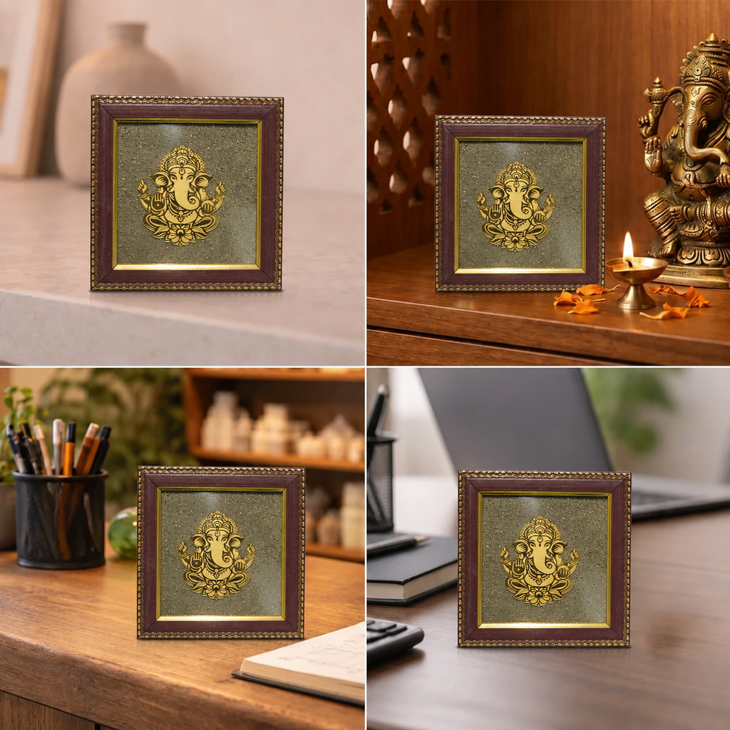 Best place for Golden Lord Ganesha on Natural Pyrite Dust Wooden Frame