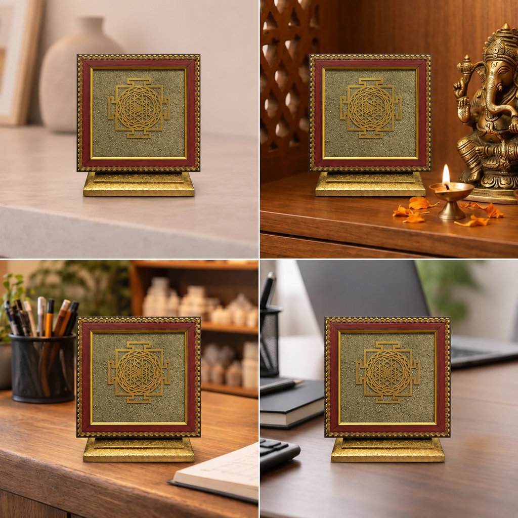 Best place for Golden Shree Yantra on Pyrite Crystal Dust Wooden Frame