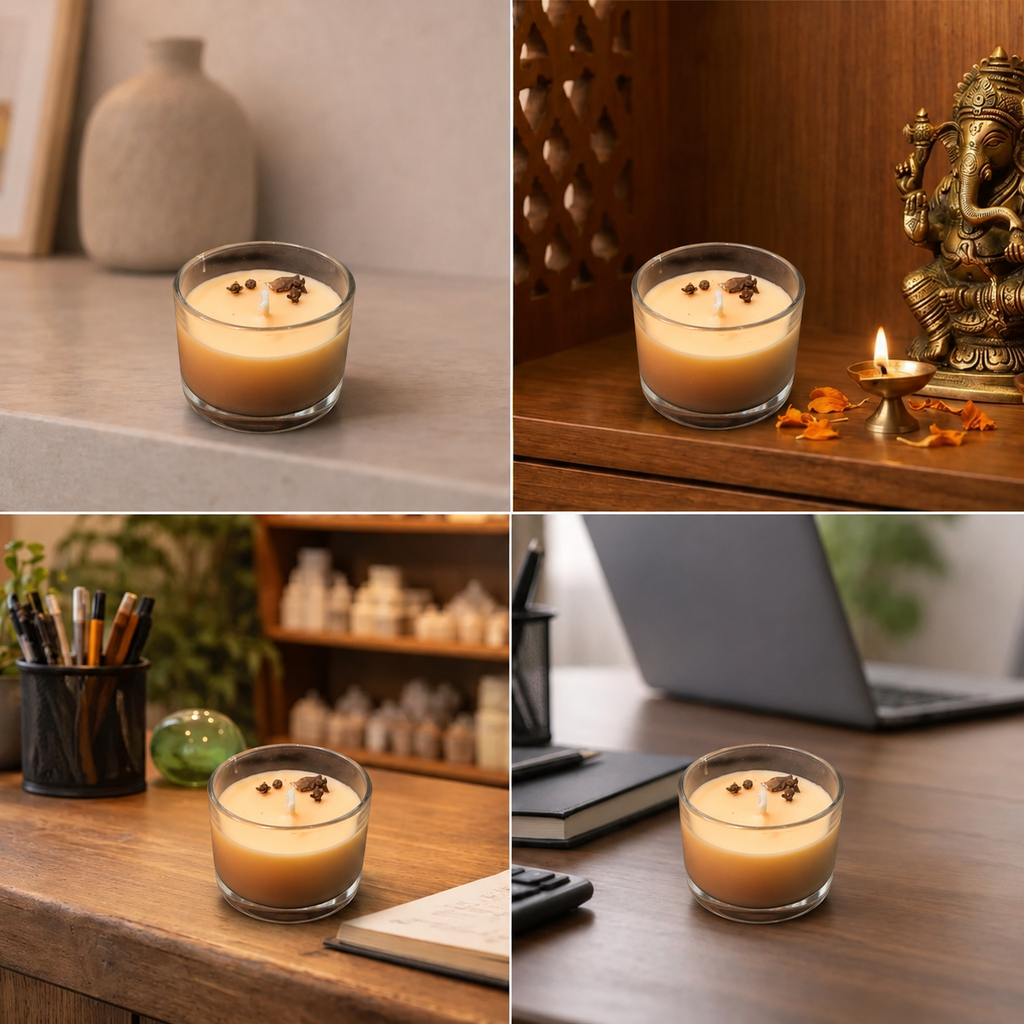 Best place for Sacred Clove & Cinnamon Infused Peach-Orange Sun & Mars Energy Vastu Candle