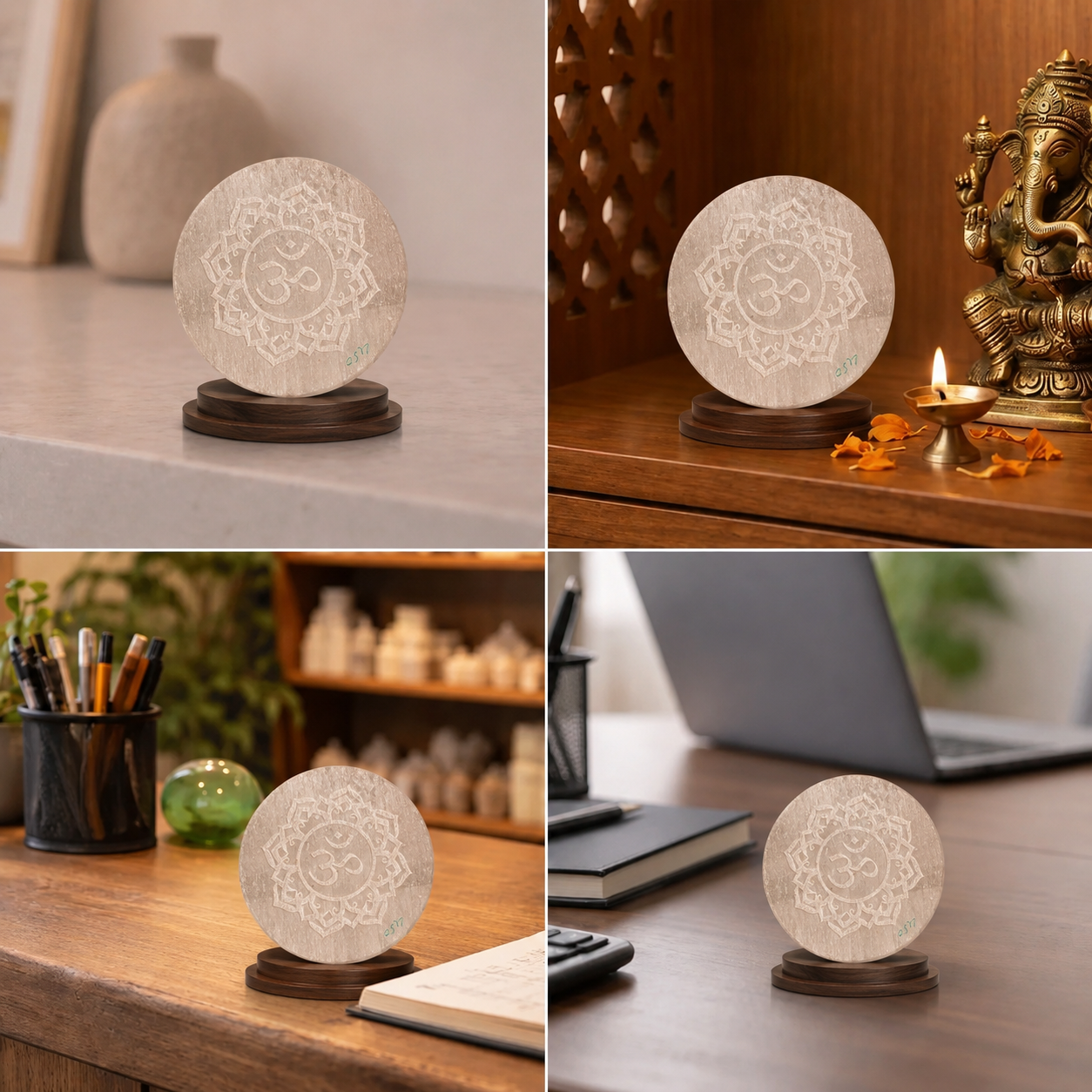 Best place for Sacred Om Lotus Engraved Natural Selenite Round Charging Plate