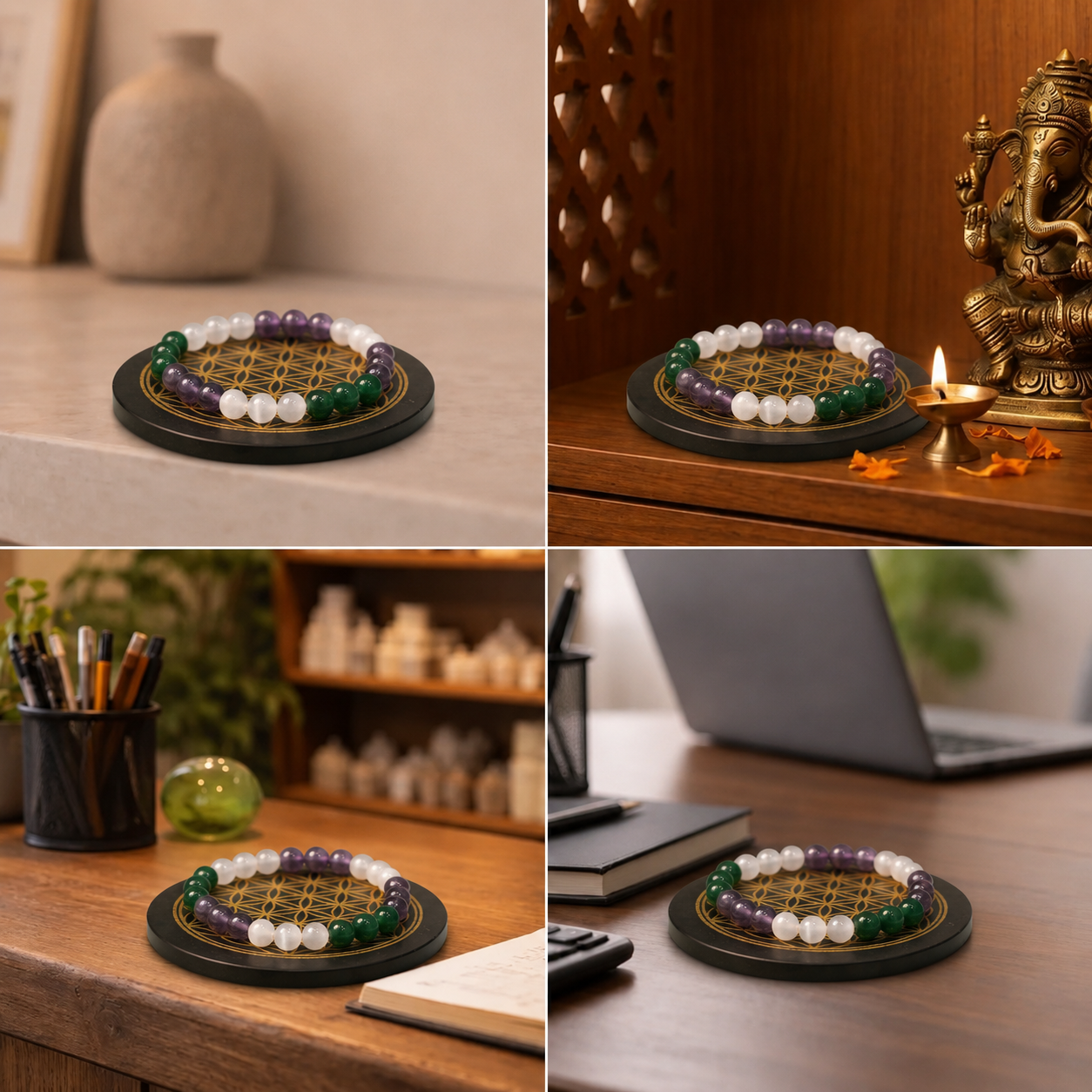 Best place for Tri-Energy Chakra Balancing Amethyst, Selenite & Green Jade Vastu Bracelet