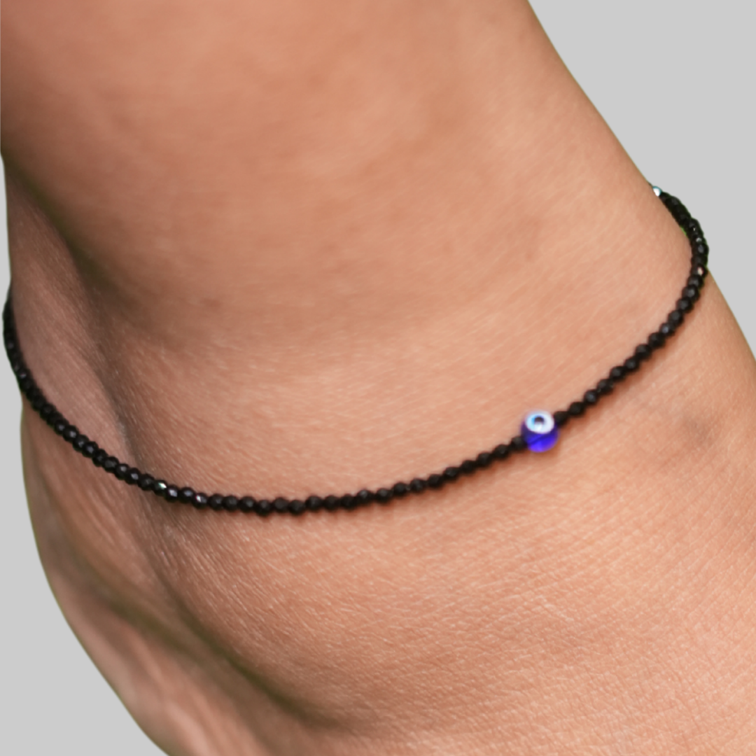 Black Spinel & Evil Eye Protection Anklet for Saturn (Shani) & Rahu Alignment