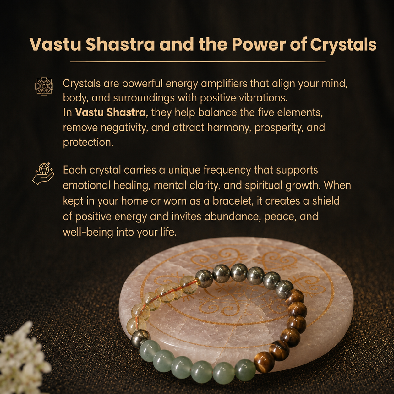 Details of the Dhan Akarshan Pyrite, Citrine, Green Aventurine & Tiger’s Eye Abundance Bracelet