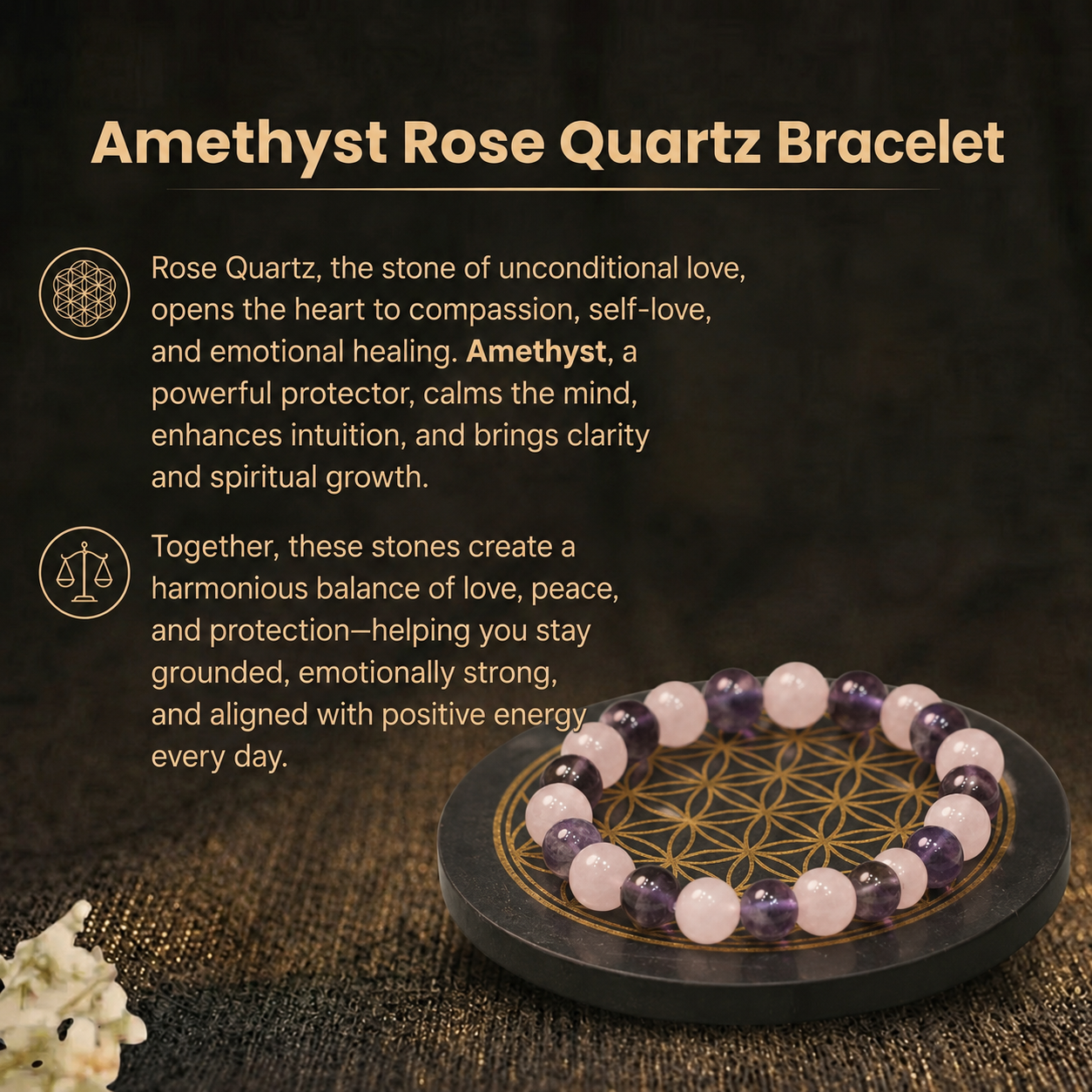 Details of the Divine Harmony Amethyst & Rose Quartz Healing Energy Vastu Bracelet