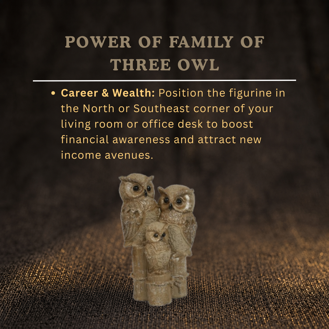 Details of the Elegant Golden Three Owl Family Showpiece