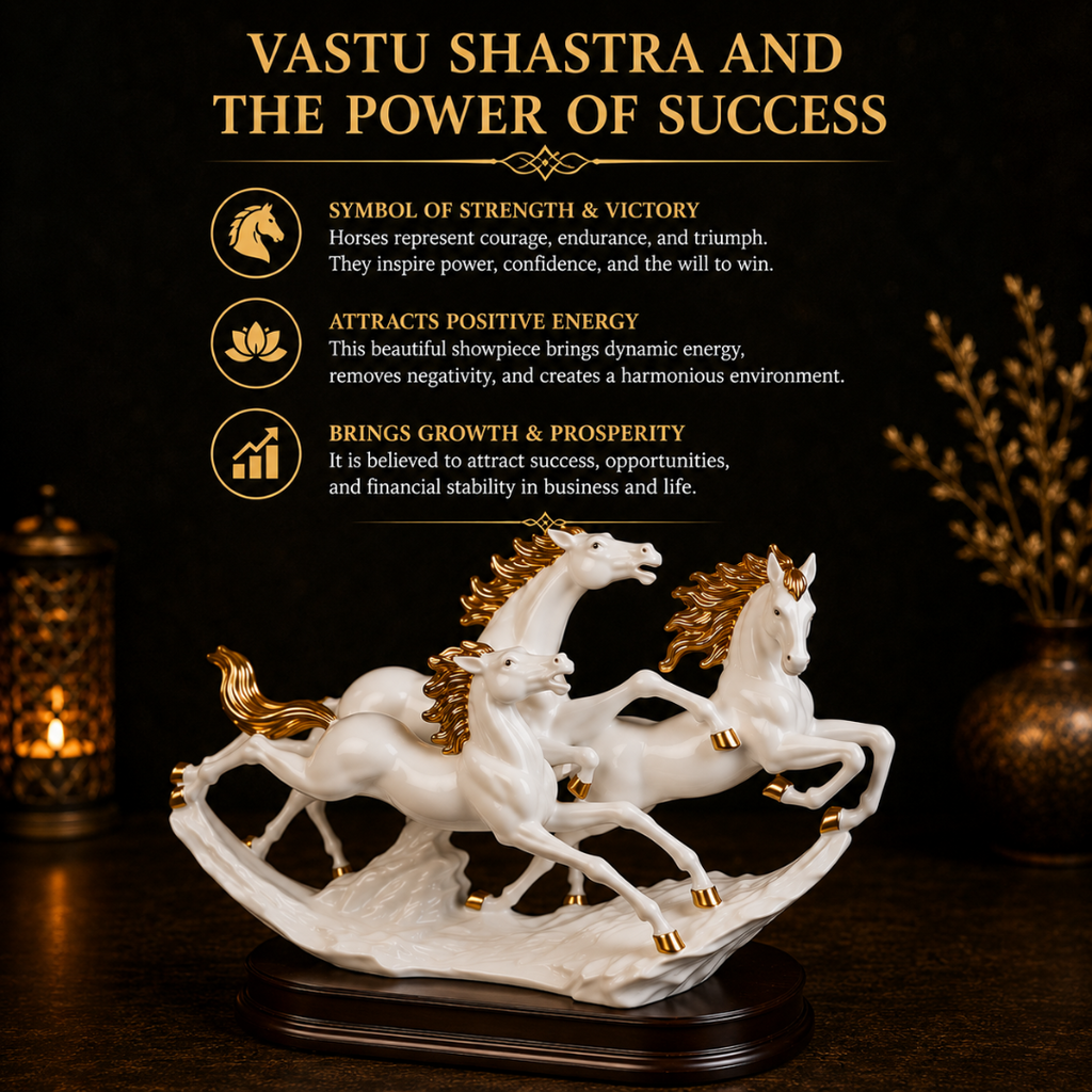 Details of the Elegant Trio of White Running Horses Showpiece