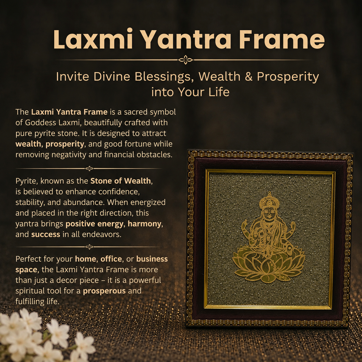 Details of the Golden Goddess Laxmi on Natural Pyrite Dust Wooden Frame