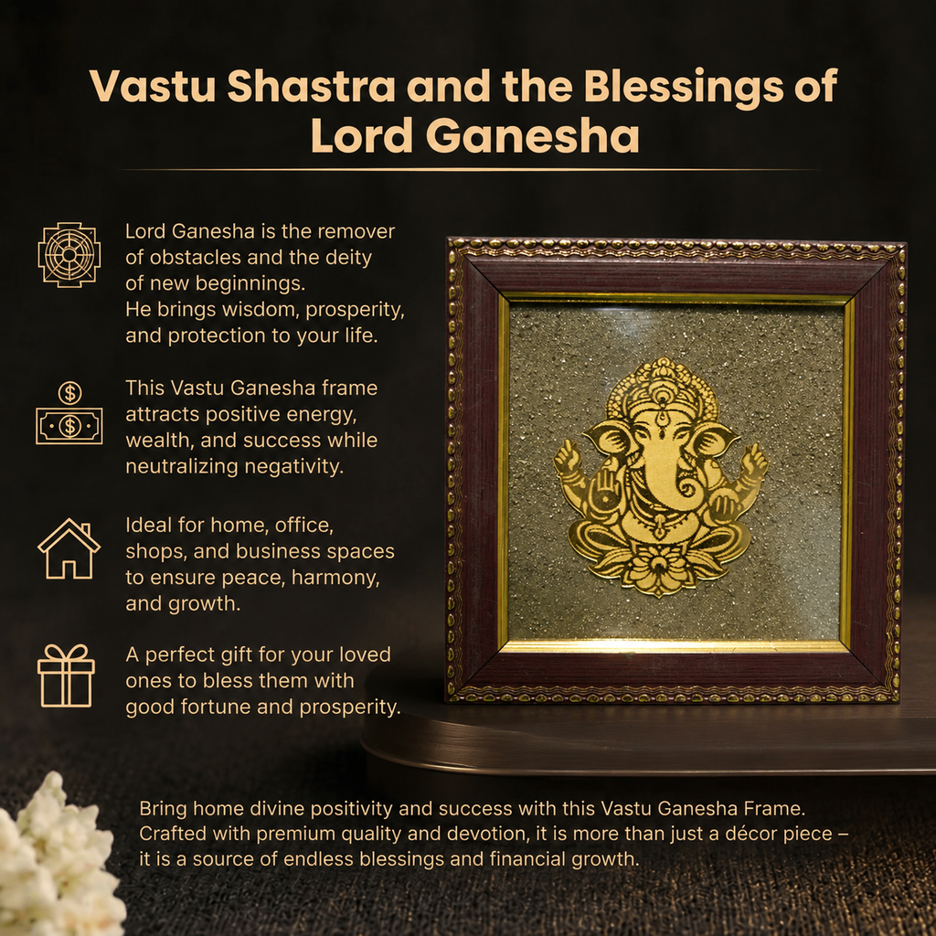 Details of the Golden Lord Ganesha on Natural Pyrite Dust Wooden Frame