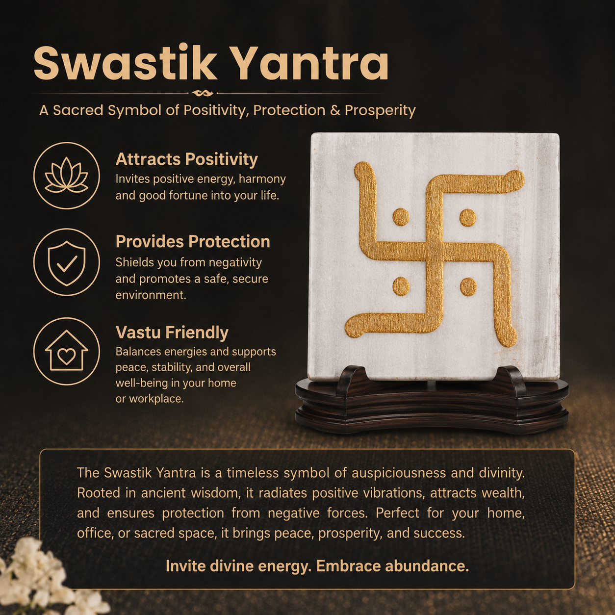 Details of the Golden Swastik Engraved Natural Square Selenite Plate