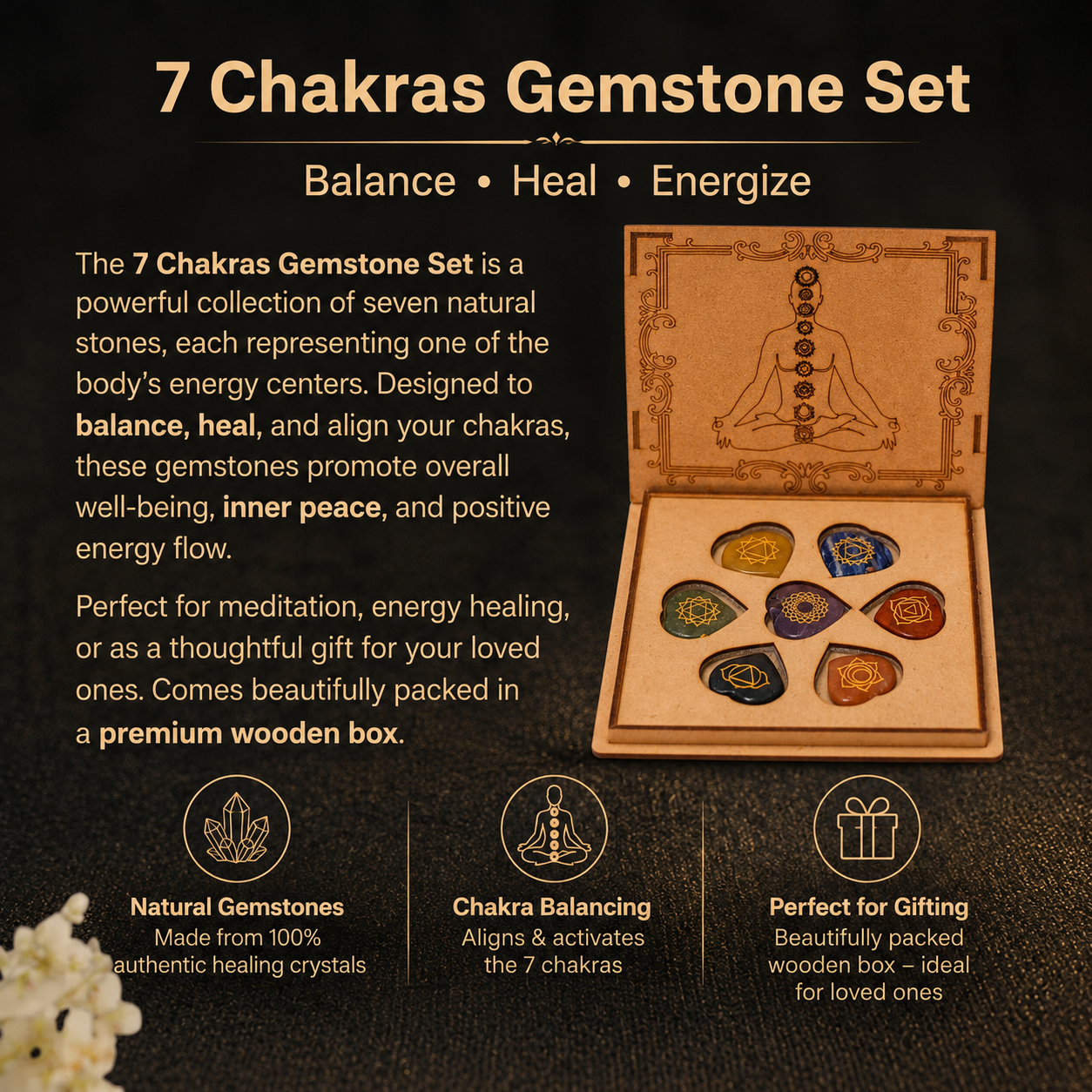 Details of the Natural 7 Chakra Engraved Heart Gemstones Set