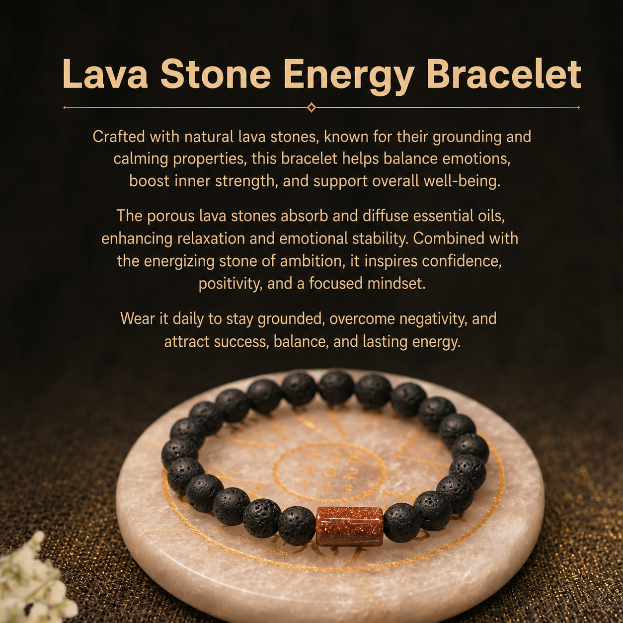 Details of the Natural Black Lava Stone & Brown Sunstone Barrel Energy Bracelet