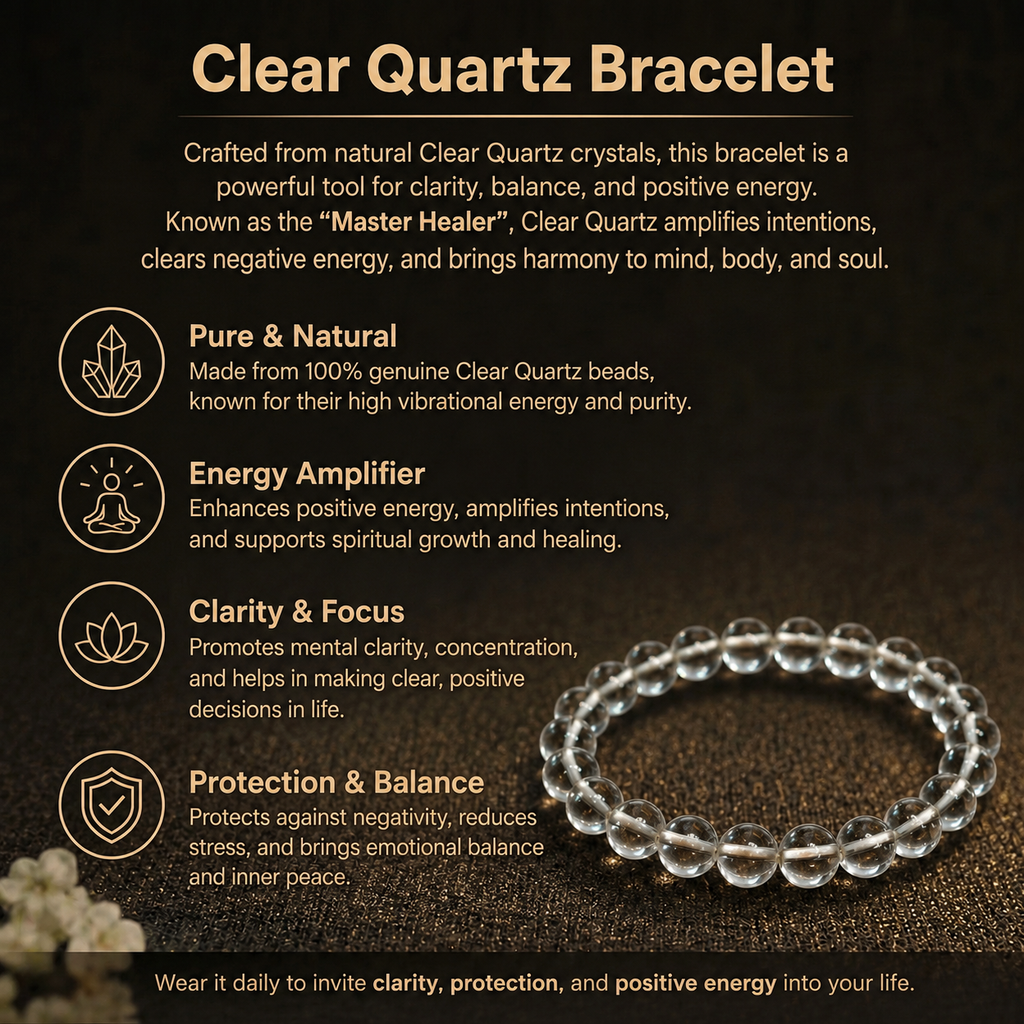 Details of the Natural Clear Quartz Energy Bracelet for Mind Clarity, Positivity & Venus Alignment