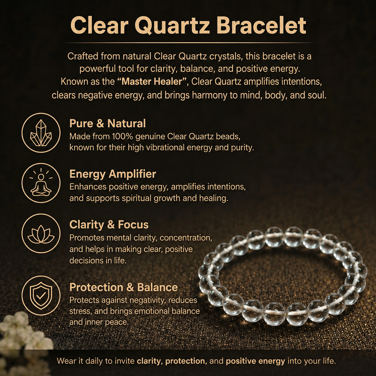 Details of the Natural Clear Quartz Energy Bracelet for Mind Clarity, Positivity & Venus Alignment