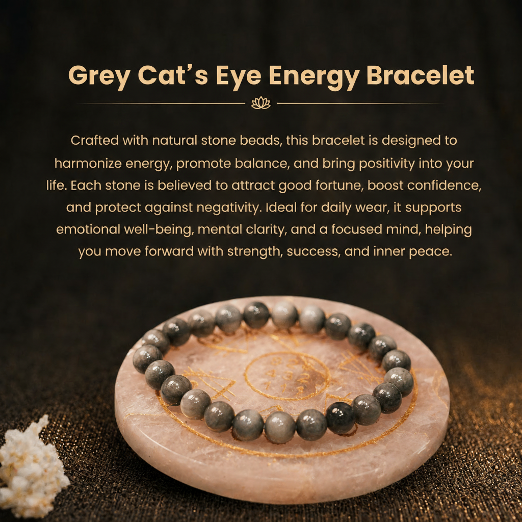 Details of the Natural Grey Cat's Eye Energy Bracelet for Protection, Intuition & Ketu Alignment