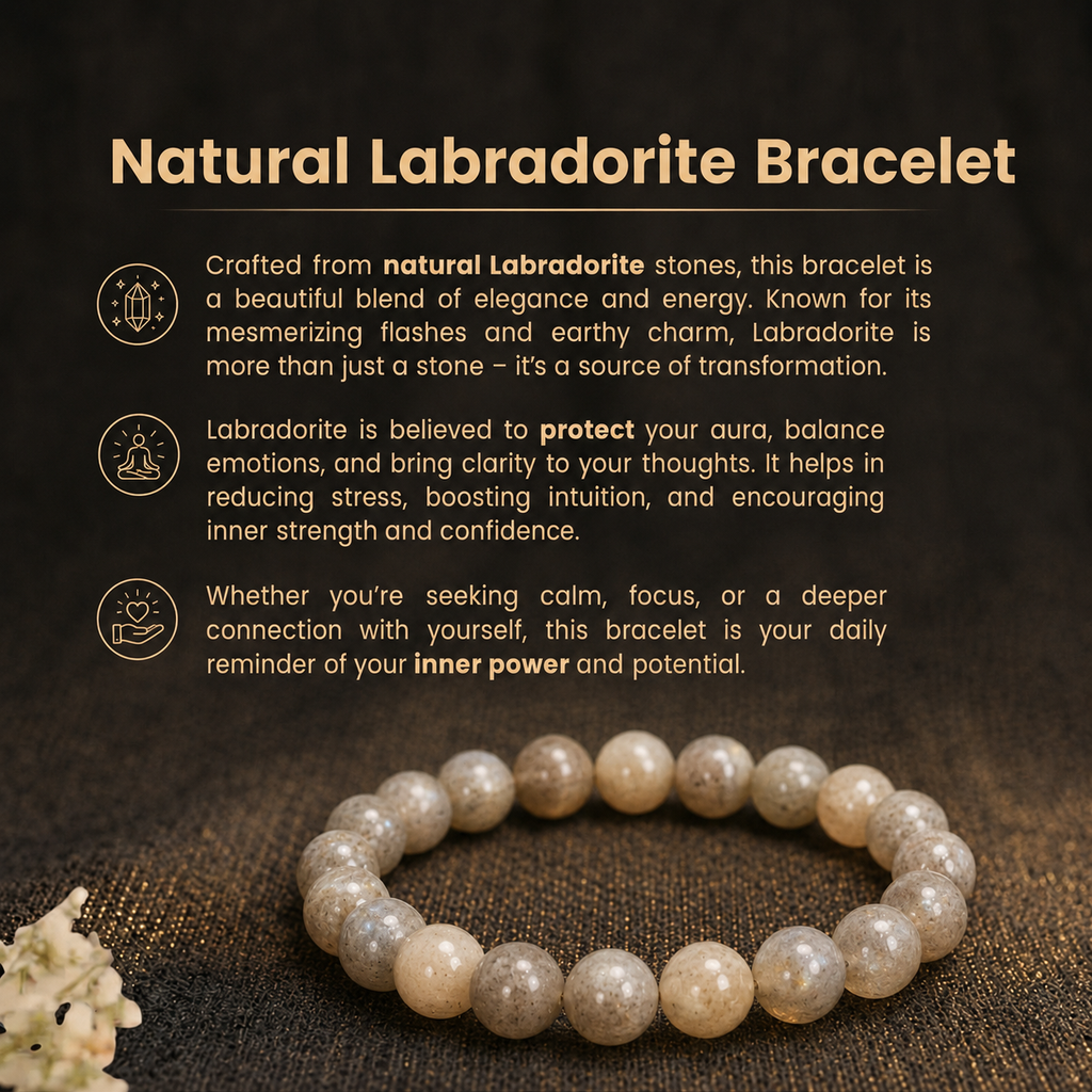 Details of the Natural Grey Labradorite Energy Bracelet for Intuition, Aura Protection & Rahu-Ketu Alignment