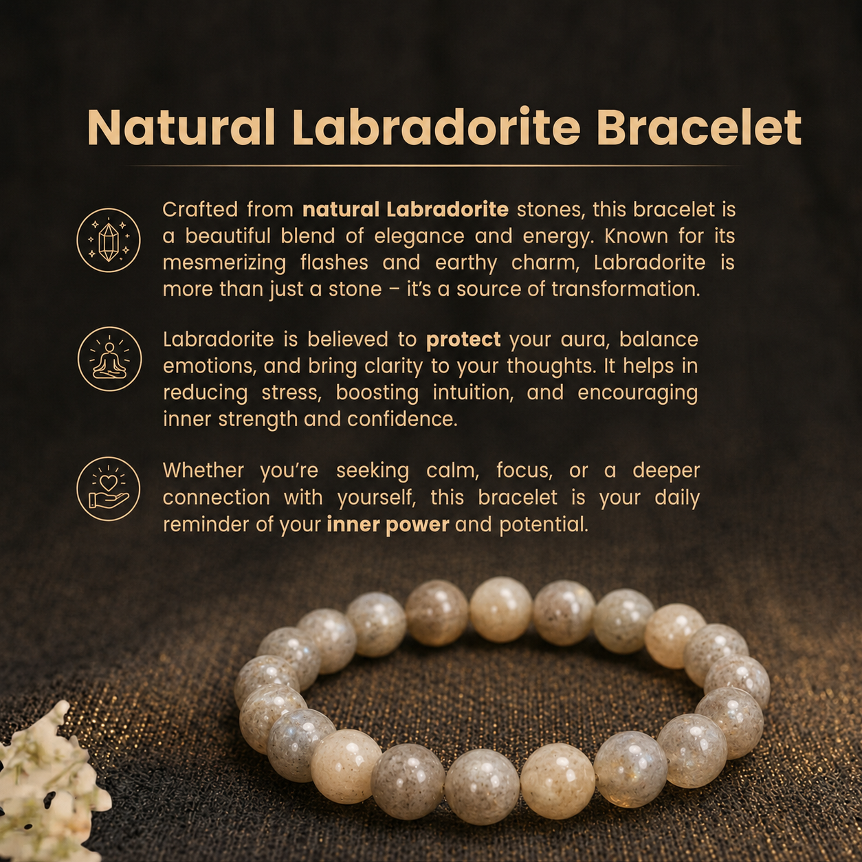 Details of the Natural Grey Labradorite Energy Bracelet for Intuition, Aura Protection & Rahu-Ketu Alignment