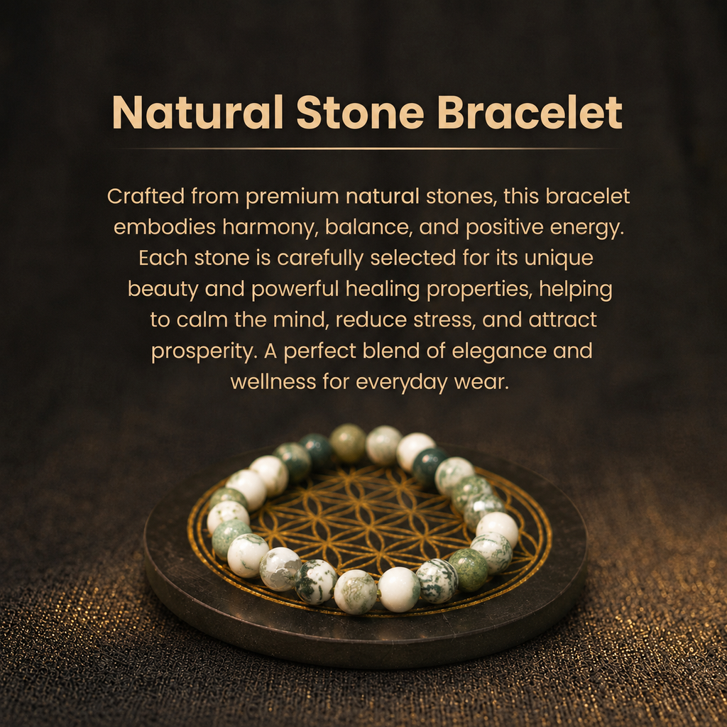 Details of the Natural Tree Agate & Moss Agate Energy Bracelet for Prosperity, Growth & Mercury Alignment