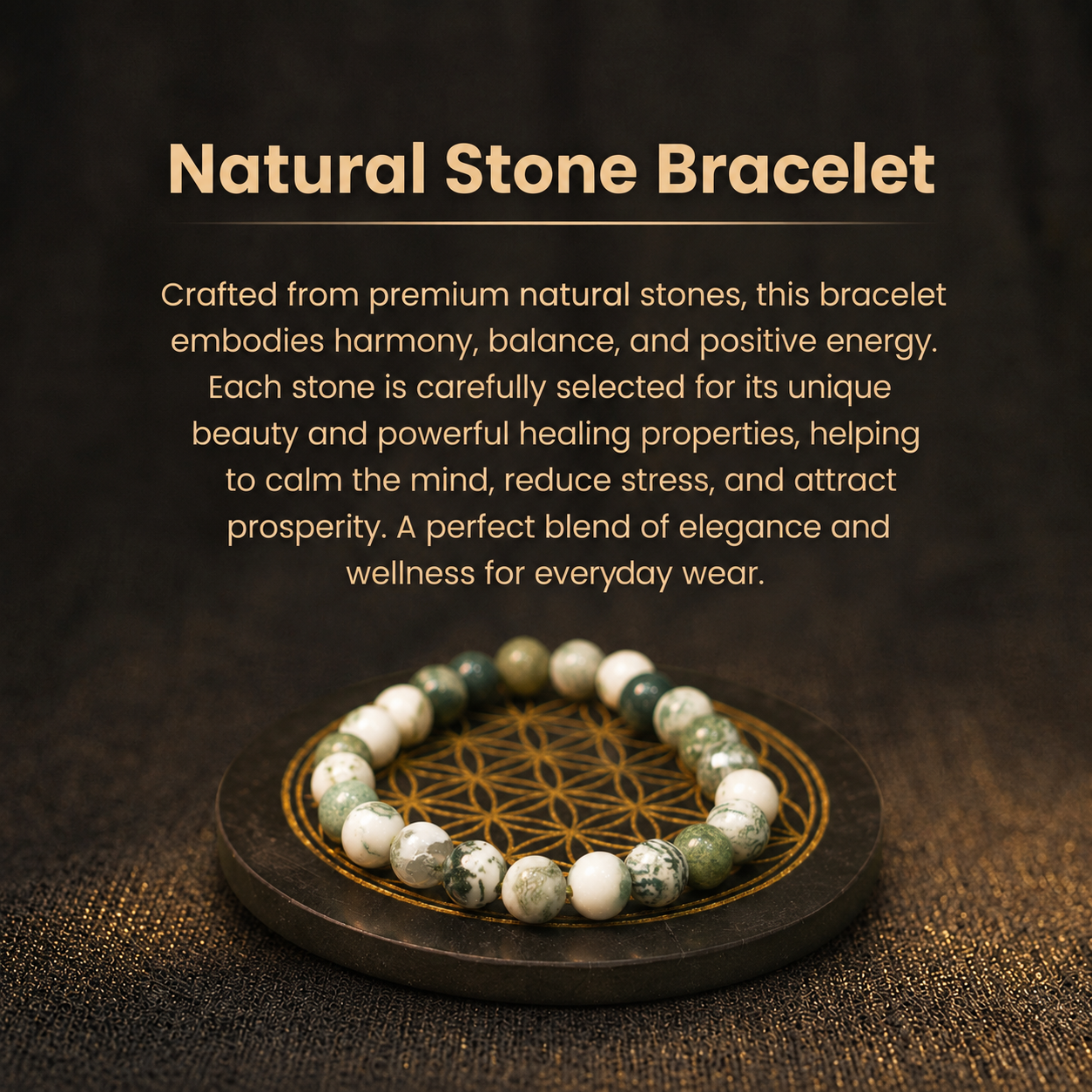 Details of the Natural Tree Agate & Moss Agate Energy Bracelet for Prosperity, Growth & Mercury Alignment