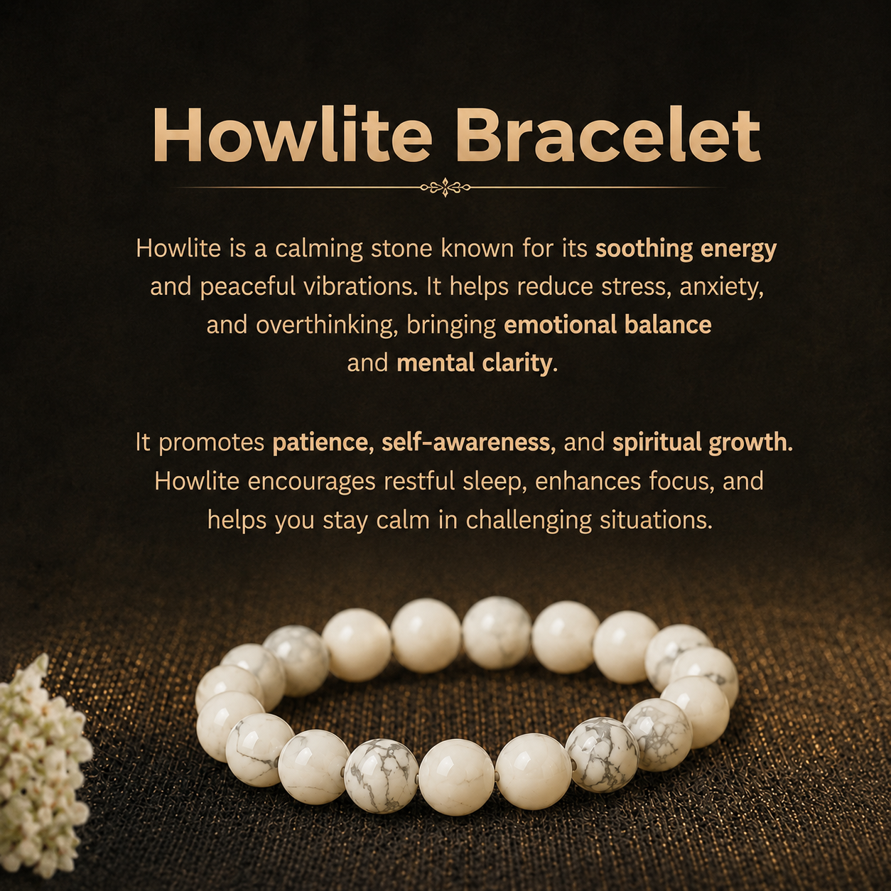 Details of the Natural White Howlite Energy Bracelet for Peace, Stress Relief & Moon Alignment