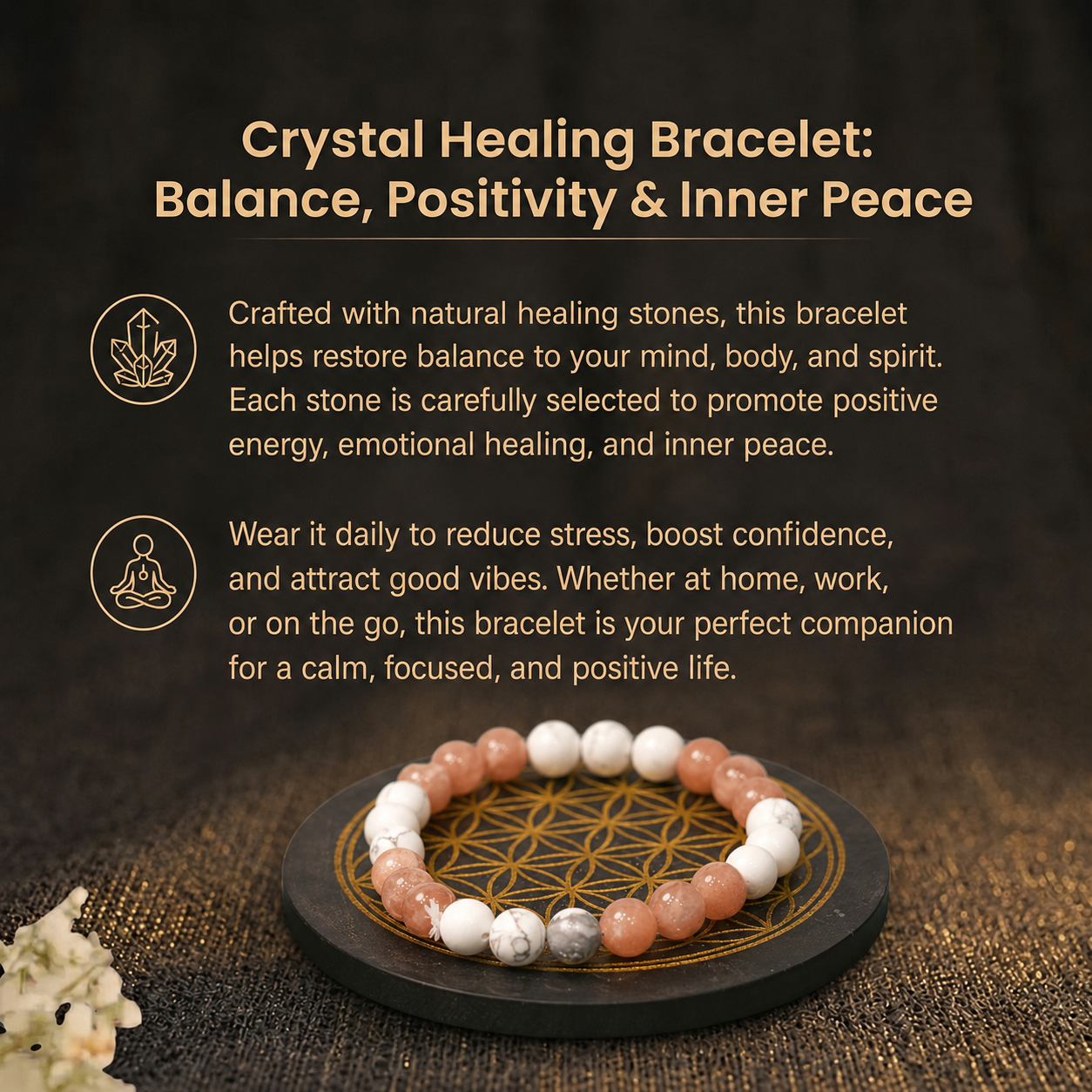 Details of the Radiance Peach Moonstone & White Howlite Vastu Energy Bracelet