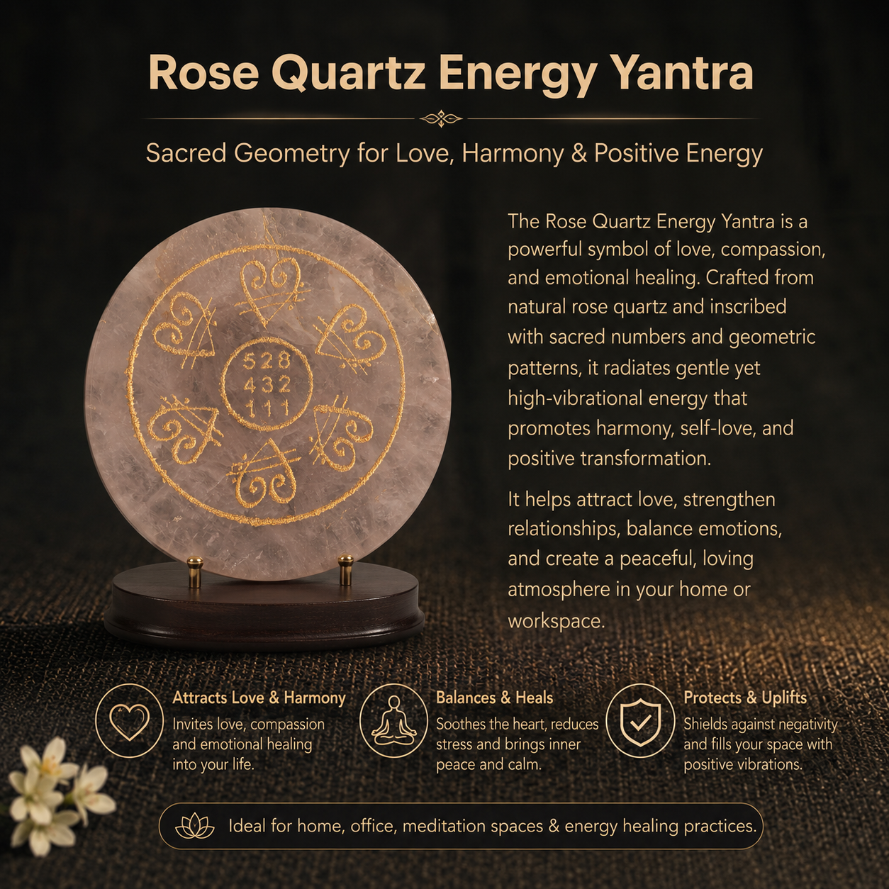 Details of the Rose Quartz Sacred Symbol & Angel Number Charging Plate