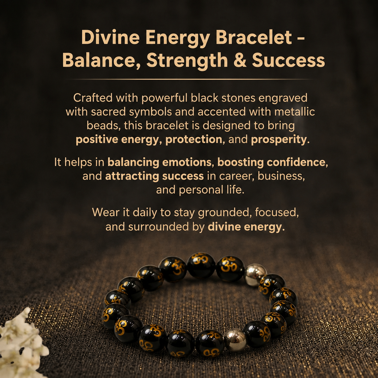 Details of the Sacred Om Engraved Black Obsidian & Pyrite Protection Bracelet