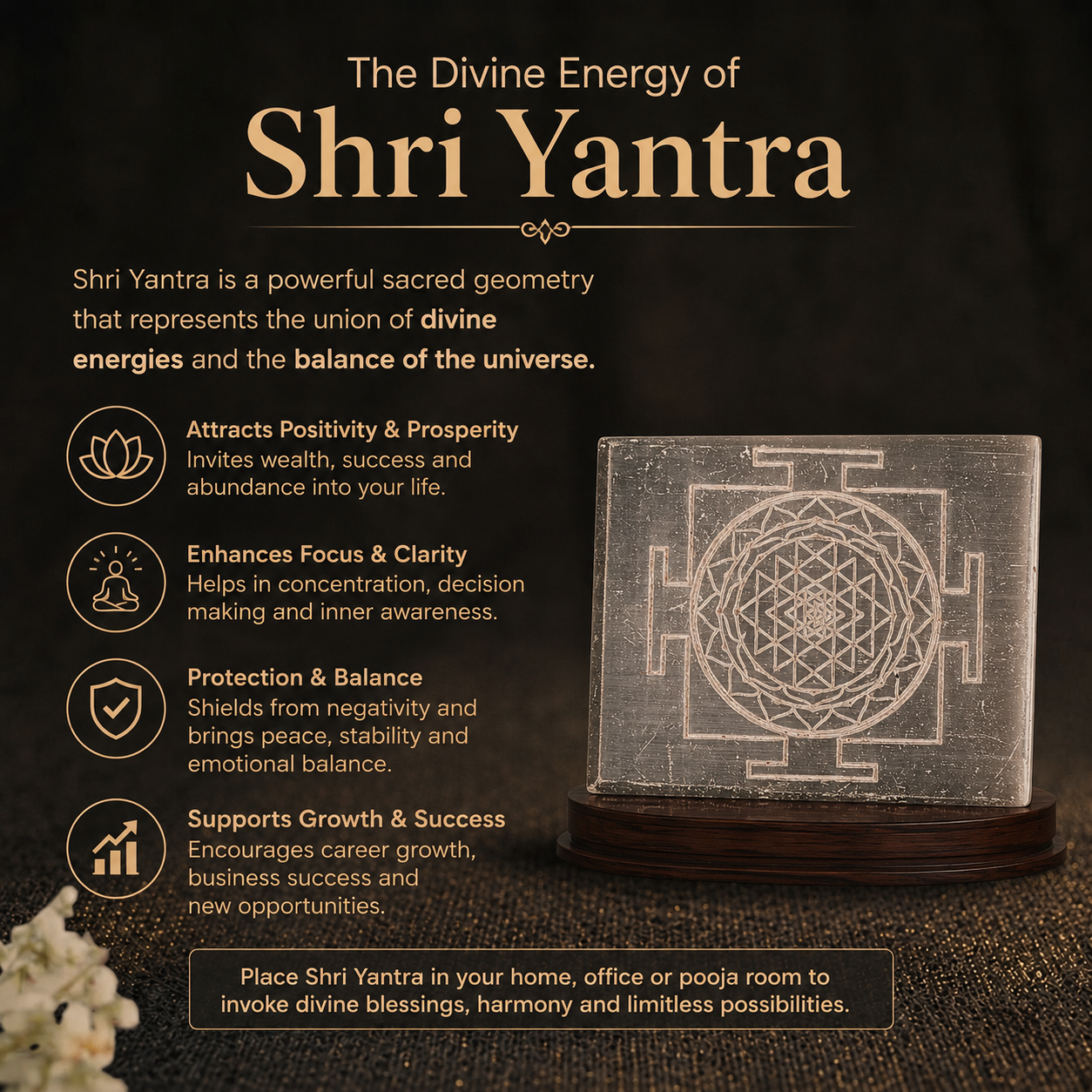 Details of the Sacred Shree Yantra Engraved Square Selenite Charging Plate