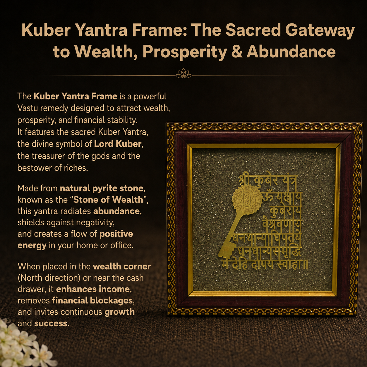 Details of the Shree Kuber Key & Mantra on Natural Pyrite Dust Wooden Frame