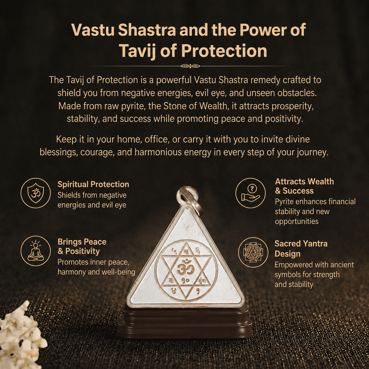 Details of the Silver Triangular Om Shatkona Yantra Tavij