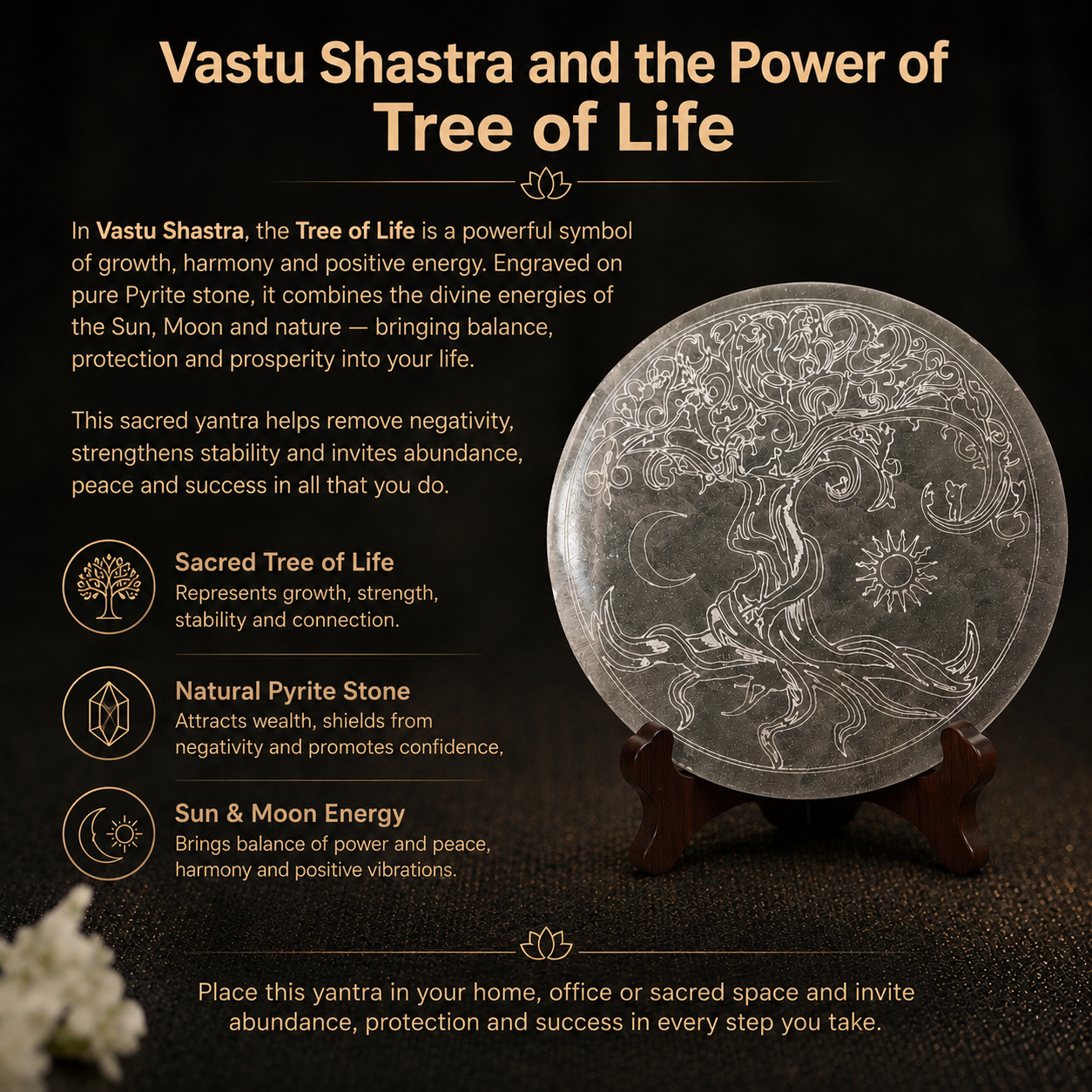 Details of the Tree of Life Engraved Natural Selenite Charging Plate