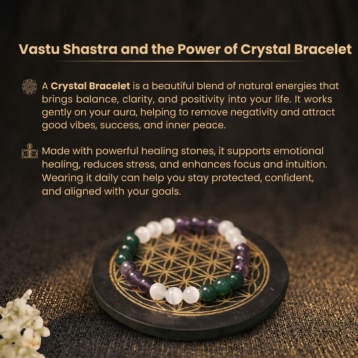 Details of the Tri-Energy Chakra Balancing Amethyst, Selenite & Green Jade Vastu Bracelet