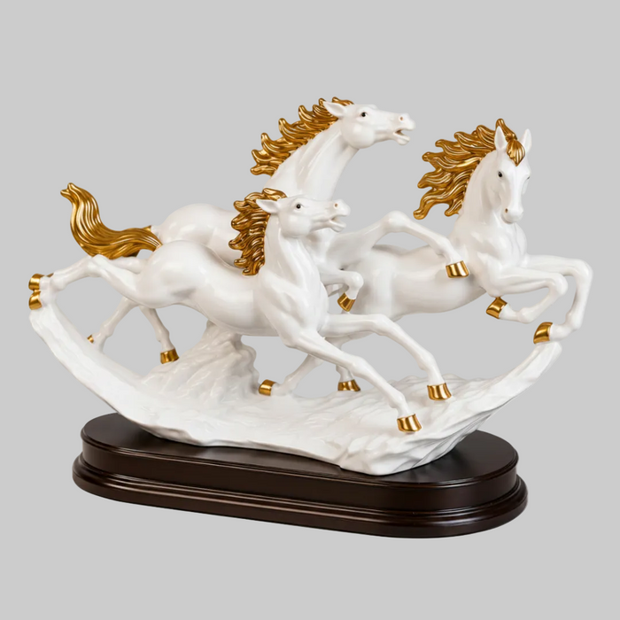 Elegant Trio of White Running Horses Showpiece – Symbol of Speed, Success & Harmony