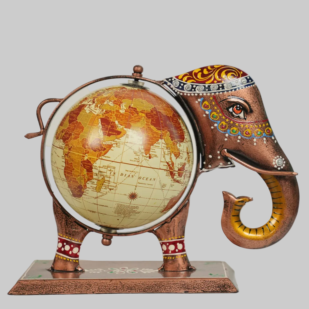 Exquisite Elephant World Globe – Hand-Painted Ethnic Decor for Office & Study