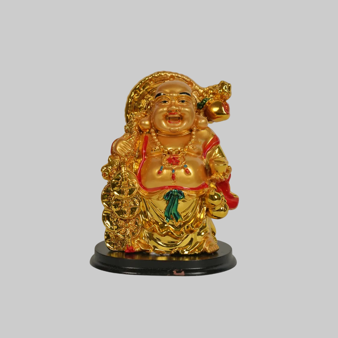 Exquisite Golden Laughing Buddha on Black Base – Feng Shui Showpiece for Power & Protection