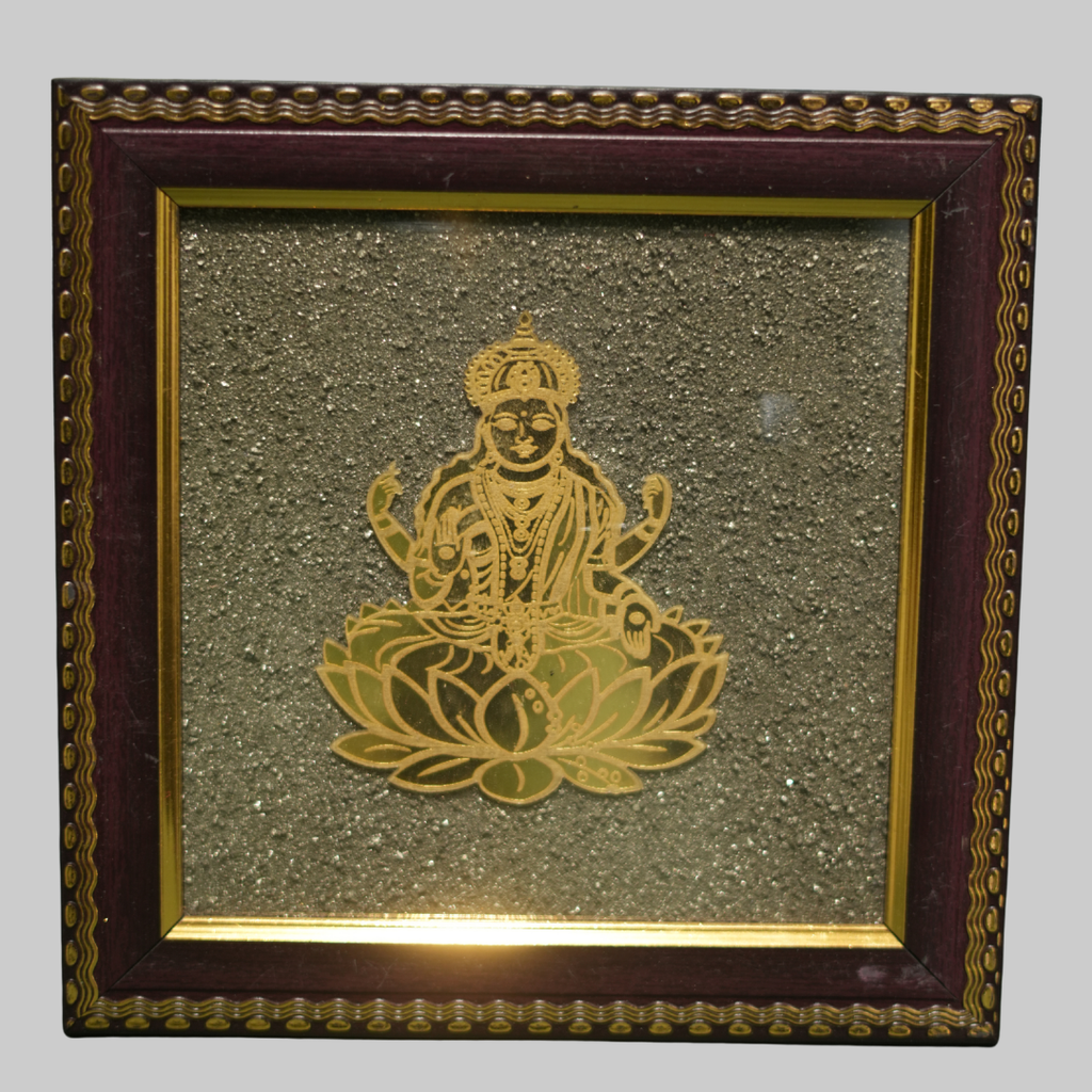 Golden Goddess Laxmi on Natural Pyrite Dust Wooden Frame