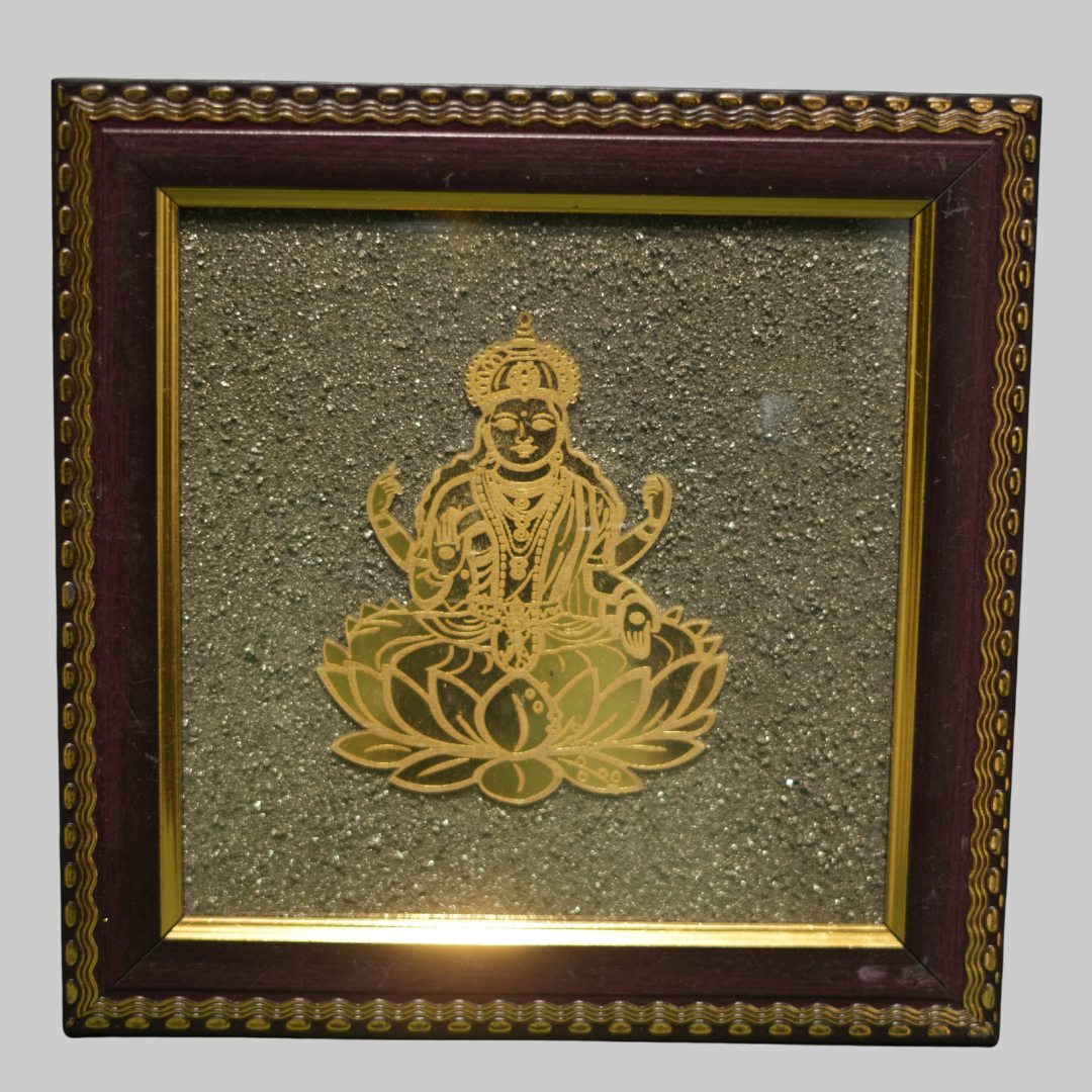 Golden Goddess Laxmi on Natural Pyrite Dust Wooden Frame