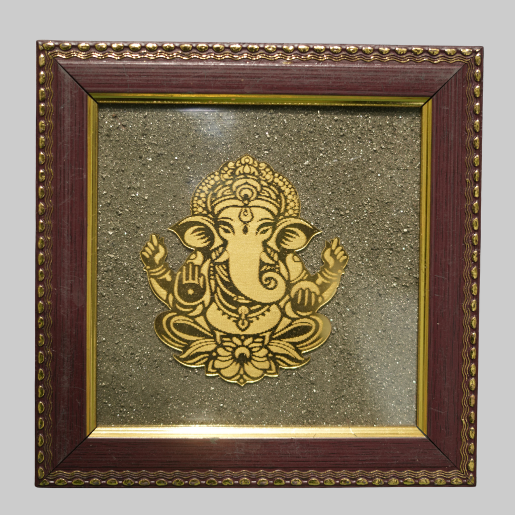 Golden Lord Ganesha on Natural Pyrite Dust Wooden Frame