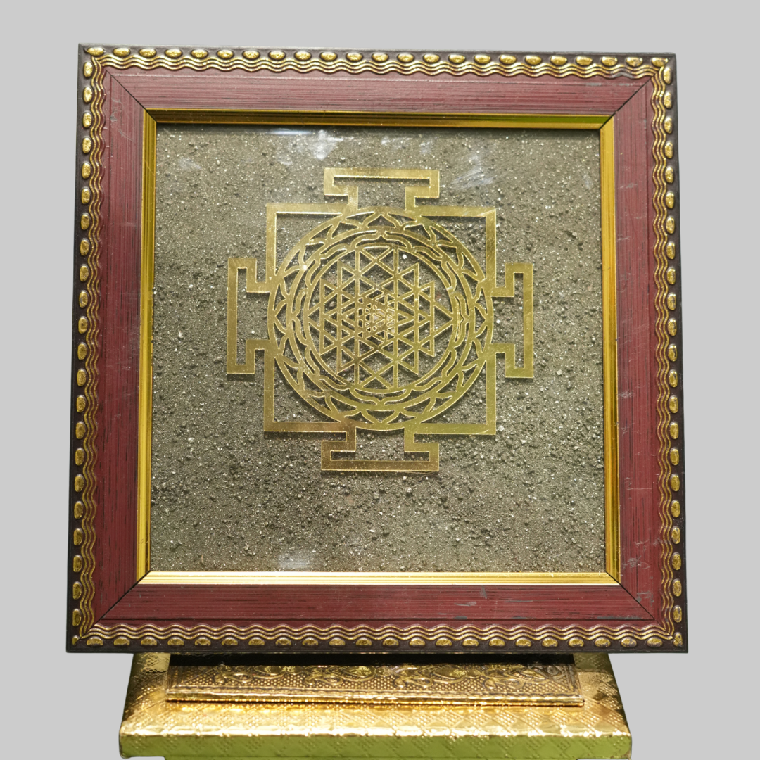 Golden Shree Yantra on Pyrite Crystal Dust Wooden Frame