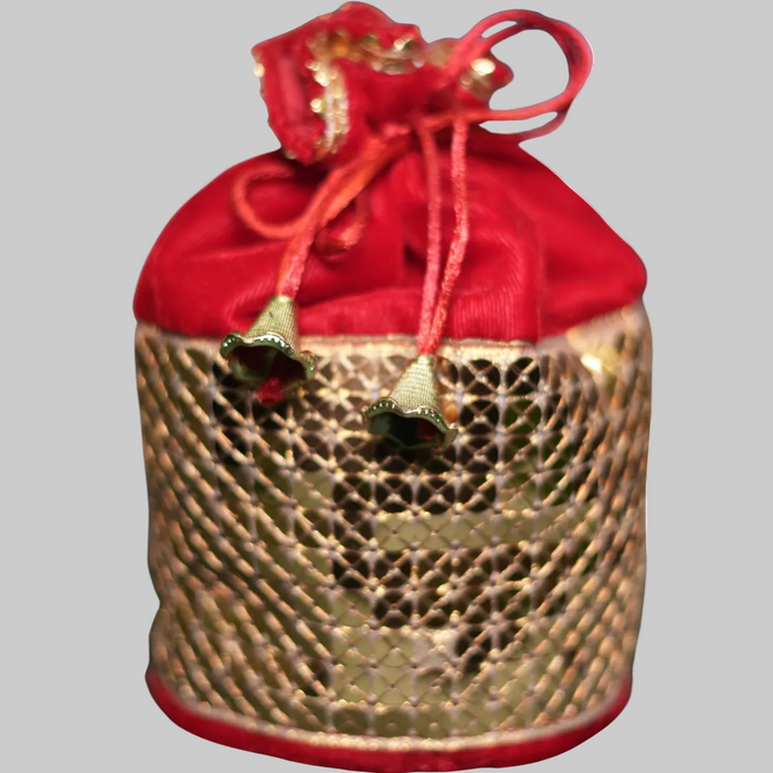 Red Velvet Laxmi Potli Bag with Gold Mesh