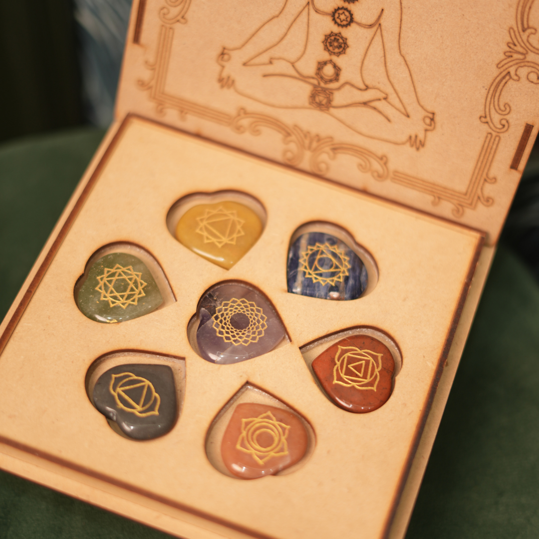 Natural 7 Chakra Engraved Heart Gemstones Set