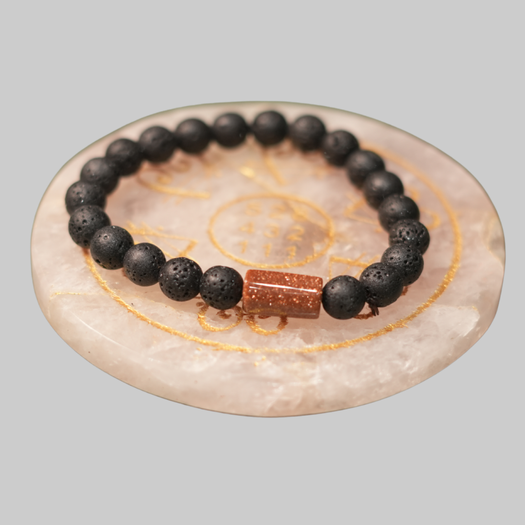 Natural Black Lava Stone & Brown Sunstone Barrel Energy Bracelet