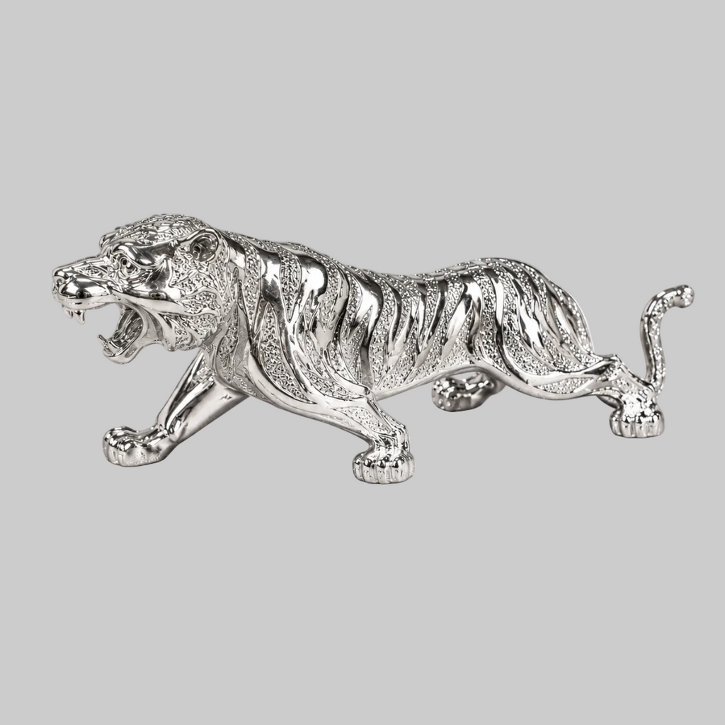 Radiant Silver-Tone Roaring Tiger Figurine – Bold Statement Decor for Strength and Power