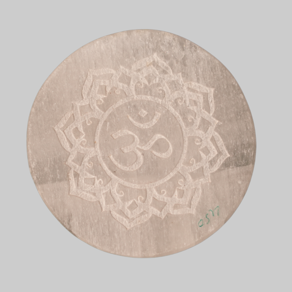 Sacred Om Lotus Engraved Natural Selenite Round Charging Plate