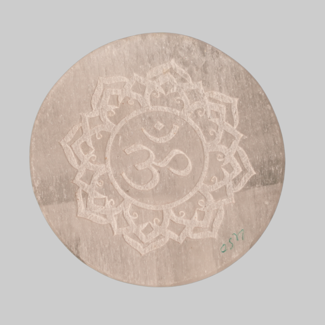 Sacred Om Lotus Engraved Natural Selenite Round Charging Plate