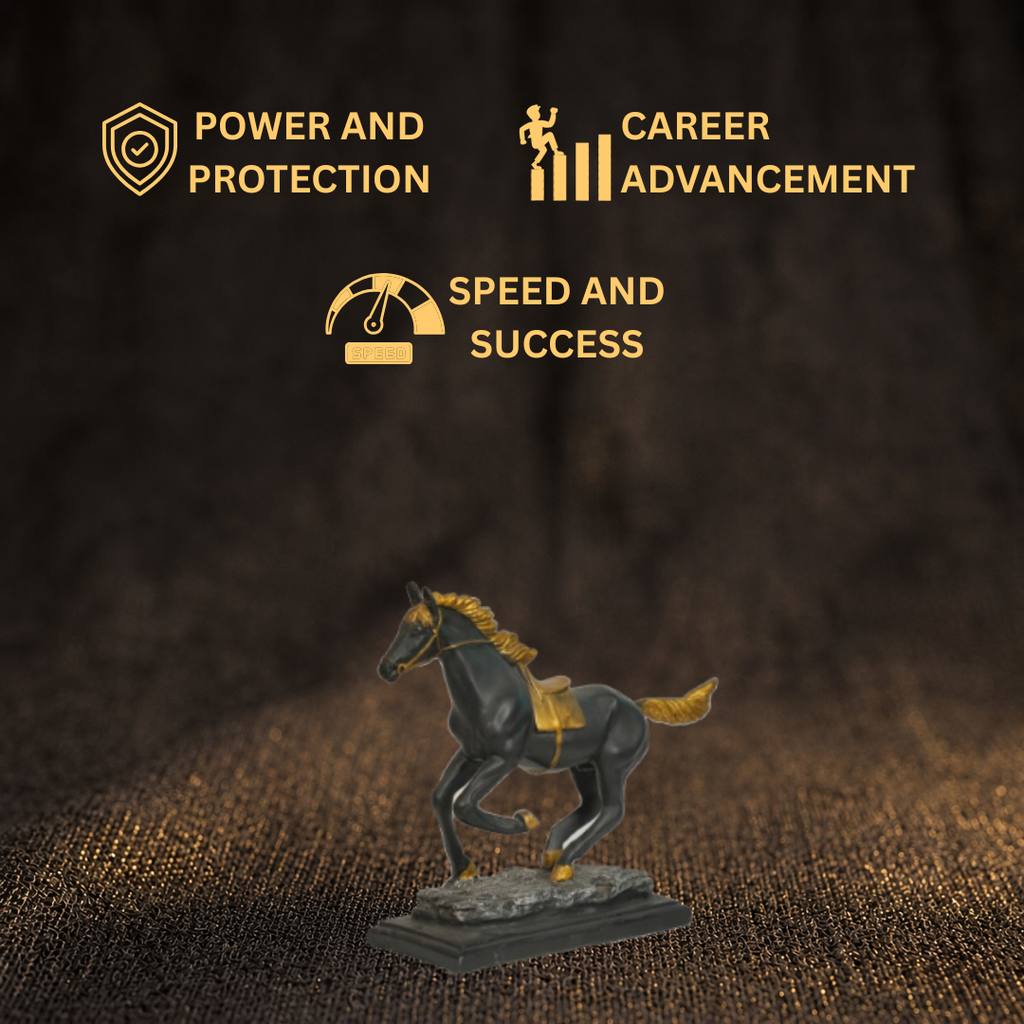 Short Details of Elegant Black and Gold Running Horse Showpiece
